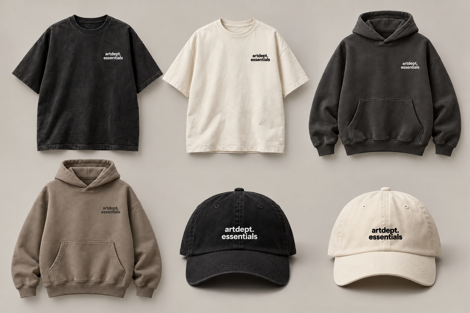 artdept. essentials collection with black and cream T-shirts, charcoal and taupe hoodies, and logo caps